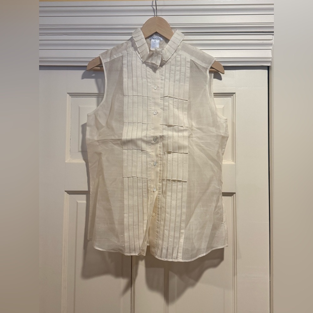 Oscar de la Renta Cream Pleated Silk Blouse